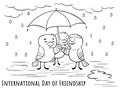 Greeting card Day of friendship - under umbrells with fri