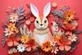 Greeting Easter card paper art scene with bunny.