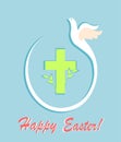 Greeting easter pastel card with cut out paper flying dove, egg shape and cross. Flat design