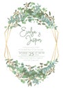 Greeting festive flyer, holiday card, vector. Elegant floral, greenery, gold collection. Bouquet of eucalyptus spiral, populus,