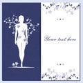 Greeting floral card with girl silhouette blue