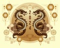 Greeting flyer cover 2024 chinese new year with abstract dragons and date. Royalty Free Stock Photo