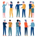 Greeting gestures people. Women and men greeting each other different ways, persons hugging, shake hands, give five