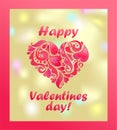 Greeting gold shining card for Valentines day with hot pink heart shape