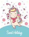 Greeting holiday card with cute Unicorn with candy cane and lollipops for Merry Christmas and New Year design