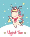 Greeting holiday card with cute Unicorn with deer horns and jingle bell for Merry Christmas and New Year design