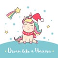 Greeting holiday card with cute Unicorn in Santa Claus hat with stars and snowflakes for Merry Christmas and New Year Royalty Free Stock Photo