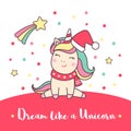 Greeting holiday card with cute Unicorn in Santa Claus hat with stars and snowflakes for Merry Christmas and New Year Royalty Free Stock Photo