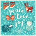 Greeting Holiday card with yeti, bear, owls and deer