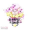 Greeting holidays illustration. Watercolor cartoon pig with lettering and confetti. Funny quote. Party symbol. Gift