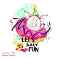 Greeting holidays illustration. Watercolor cartoon pig with weekend lettering and donut. Funny quote. Party symbol. Gift