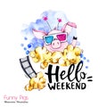 Greeting holidays illustration. Watercolor cartoon pig with weekend lettering and pop corn . Funny quote. Party symbol