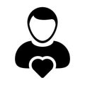 Greeting icon vector male user person profile avatar with heart symbol in a flat color glyph pictogram