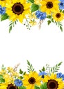 Greeting or invitation card with blue and yellow flowers. Vector illustration