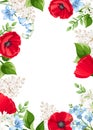 Greeting or invitation card design with red, white, and blue flowers. Vector illustration Royalty Free Stock Photo