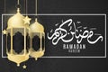 Greeting invitation card for Ramadan Kreem. Golden luxurious lanterns with golden star on a black background with Islamic ornament