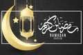 Greeting invitation web card for Ramadan Kreem. Golden luxurious lanterns, star and moon on a black background with Islamic orname