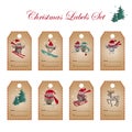 Greeting labels with owls, deer, and fir tree.