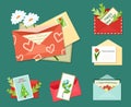 Greeting letters with floral cards set. Bright white daisies envelope with red hearts decorative green spruce on cover