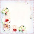Greeting light vintage card with bright spring flowers, frame, copy space Royalty Free Stock Photo