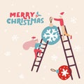 Greeting major card with santa helpers with ladder decorating Christmas balls. Happy small peole, joyful Elf on holiday eve with