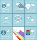 Greeting pastel blue cards with paper cut out doves, peace symbol and rainbow for International Peace day. Flat design Royalty Free Stock Photo