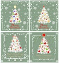 Greeting pastel green retro Xmas cards collection with paper cutting Christmas white tree with red green toys, golden candle, ange