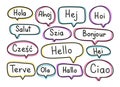 Greeting phrases in different languages. Handwritten lettering illustration. Black vector text in neon speech bubbles. Royalty Free Stock Photo