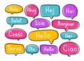 Greeting phrases in different languages. Handwritten lettering illustration. Black vector text in neon speech bubbles. Royalty Free Stock Photo