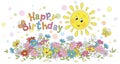 Birthday card with a smiling sun and flowers