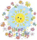 Birthday card with a smiling sun and flowers
