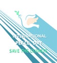 Greeting card with cut out paper flying dove with olive branch for International Peace day. Flat design