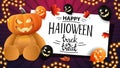 Greeting postcard, happy Halloween, trick or treat, card with halloween balloons, garland, Teddy bear with Jack pumpkin head Royalty Free Stock Photo