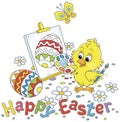 Easter card with a little chick drawing a decorated egg