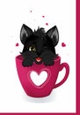 Greeting postcard with pink hearts and little cat, black kitten, sitting in the cup. Royalty Free Stock Photo