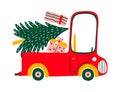 Greeting postcard with retro cartoon pickup car. Red truck with christmas tree, shopping and gifts for Christmas. Vector Royalty Free Stock Photo