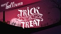 Greeting postcard, trick or treat, card with halloween landscape on the background. Halloween background, full pink moon Royalty Free Stock Photo