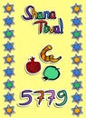 Greeting on Rosh Hashanah in paper style. Sticker. 5779. Shofar, pomegranate, apple, scroll, star. Doodle. Hand draw. Vector.