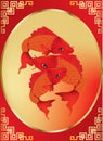 Greeting season with beautiful Koi carps on red background