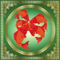 Greeting season with beautiful red Koi carps on gold and green background