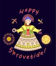 Greeting Shrovetide card with wishes and girl scarecrow