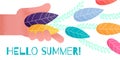 Greeting Summer Banner with Hand Throwing Leaves