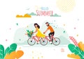 Greeting Summer Flat Banner with Cartoon Cyclists