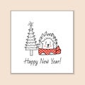 Greeting template with a cute hedgehog and a stylized Christmas tree . Holiday vector illustration