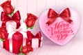 Greeting For Valentines Day With Pink Heart, Flowers and Gifts Royalty Free Stock Photo