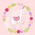 Greeting vector card with miles unicorn in cartoon with til on a pink background. Beautiful mythical animal Royalty Free Stock Photo