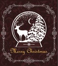 Greeting vintage Christmas sweet card with decorative frame and paper cut out globe with winter landscape and reindeer