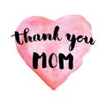 Greeting watercolor card. Mother's day.Thank you mom.Colorful hand drawn background with pink and violet colors.