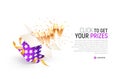 Greeting winner. Gambling vector banner. Victory celebration. Open textured purple box with confetti explosion inside