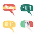 Greeting words in different languages semi flat color vector speech bubble set Royalty Free Stock Photo